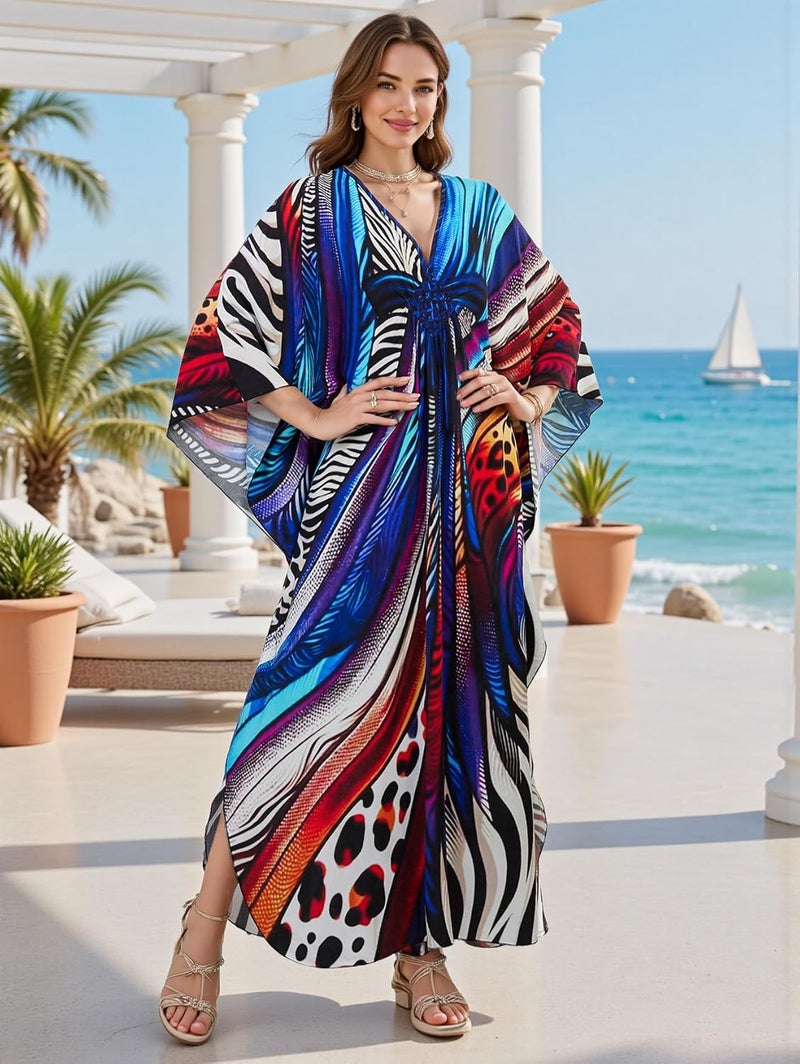 IMAGEKOPE Women's Plus Size Animal Print V-Neck Batwing Kaftan Beach Dress Bathing Suit Cover-Up Loungewear - Image 5